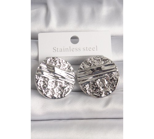 Pirinç Gümüş Renk İşlemeli Daire Plaka Model Kadın Küpe