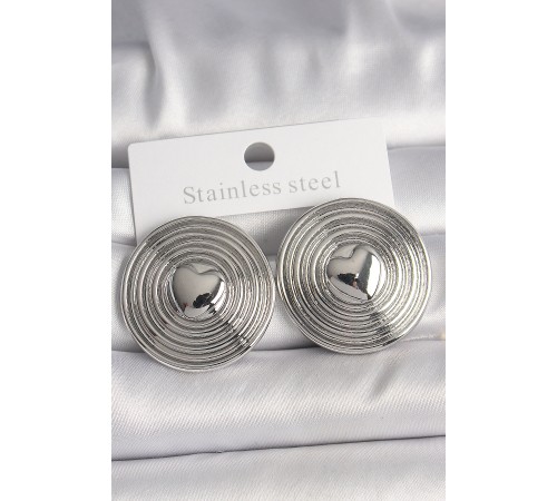 Pirinç Gümüş Renk Kalp İşlemeli Daire Plaka Model Kadın Küpe