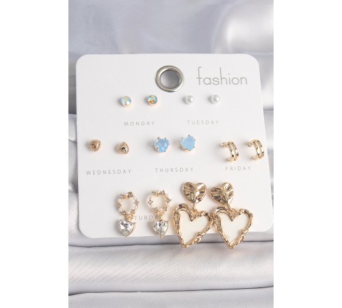 Pirinç Gold Renk Zirkon Taşlı Sallantı Beyaz Sedefli Kalp Model 7 Çift Kadın Küpe Seti