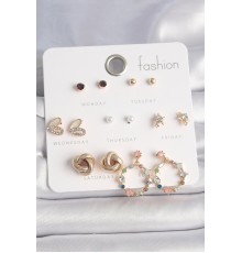 Pirinç Gold Renk Renkli Zirkon Taşlı Kalp Detay 7 Çift Kadın Küpe Seti