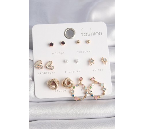 Pirinç Gold Renk Renkli Zirkon Taşlı Kalp Detay 7 Çift Kadın Küpe Seti