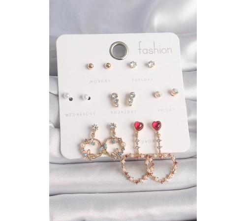 Pirinç Gold Renk Zirkon Taşlı Sallantı Kalp Figür 7 Çift Kadın Küpe Seti