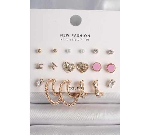 Pirinç Gold Renk Zirkon Taşlı Burug Halka Model İşlemeli Kalp Detay 9 Çift Kadın Küpe Seti