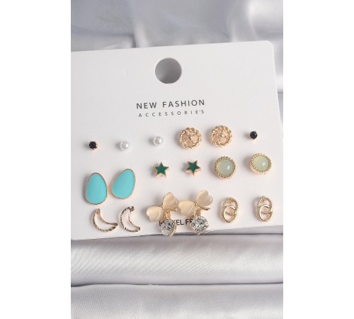 Pirinç Gold Renk Zirkon Taşlı Fiyonk Hilal Figür 9 Çift Kadın Küpe Seti