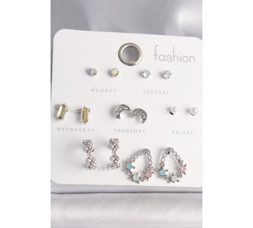 Pirinç Gümüş Renk Renkli Zirkon Taşlı Halka Damla Figür Hilal Detay 7 Çift Kadın Küpe Seti