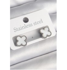 316L Çelik Gümüş Renk Beyaz Yonca Model Kadın Küpe