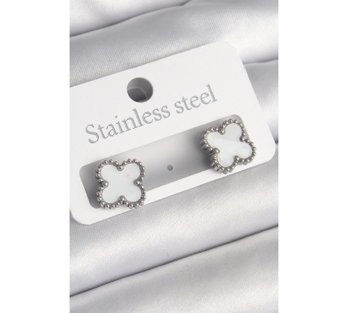316L Çelik Gümüş Renk Beyaz Yonca Model Kadın Küpe