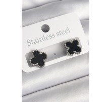 316L Çelik Gümüş Renk Siyah Yonca Model Kadın Küpe