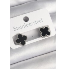 316L Çelik Gümüş Renk Siyah Yonca Model Kadın Küpe