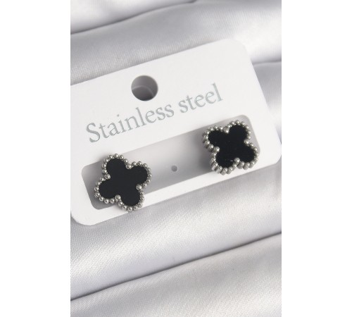 316L Çelik Gümüş Renk Siyah Yonca Model Kadın Küpe