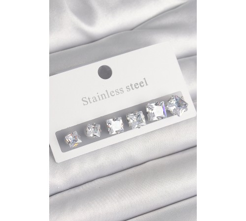 316L Çelik Gümüş Renk Kare Zirkon Taşlı Kadın Küpe Seti