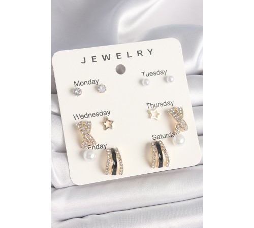 Pirinç Gold Renk Zirkon Taş Yıldız Detaylı İncili 7'Li Set Kadın Küpe Seti