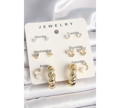 Pirinç Gold Renk Zirkon Taşlı Sarmal Halka Model 7'Li Kadın Küpe Seti