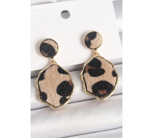 Pirinç Gold Renk Sallantı Leopar Desen Plaka Model Kadın Küpe