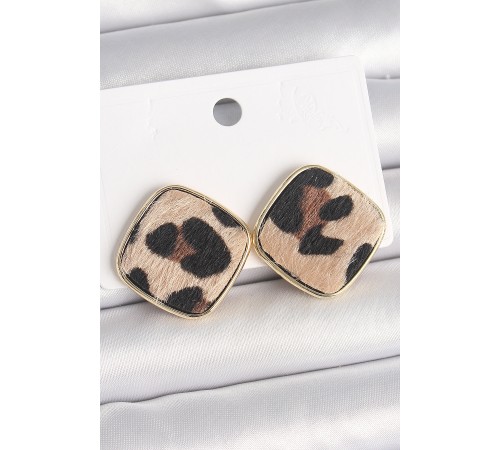 Pirinç Gold Renk Kare Leopar Model Kadın Küpe