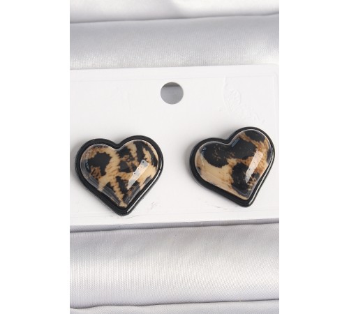 Pirinç Siyah Renk Leopar Desen 3D Kalp Model Kadın Küpe