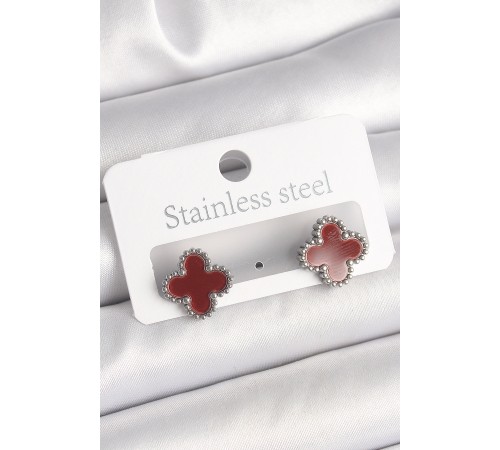 Pirinç Gümüş Renk Bordo Yonca Model Kadın Küpe