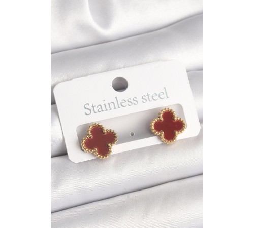 Pirinç Gold Renk Bordo Yonca Model Kadın Küpe