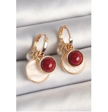 Pirinç Gold Renk Sallantı Beyaz Mineli Bordo Detay Kadın Küpe