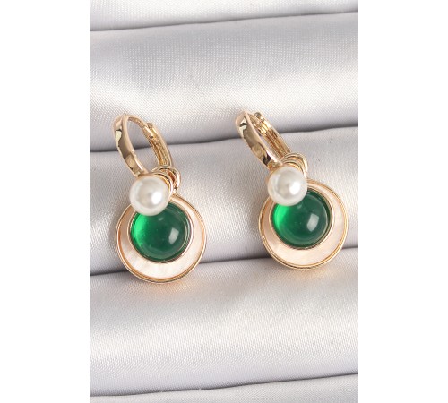 Pirinç Gold Renk Beyaz Yeşil Sallantı Mineli Kadın Küpe