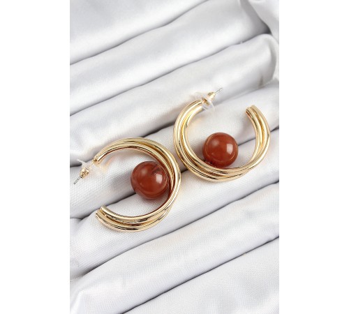 Pirinç Gold Renk Halka Model Kahverengi Boncuk Detay Kadın Küpe