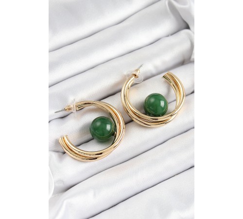 Pirinç Gold Renk Halka Model Yeşil Boncuk Detay Kadın Küpe