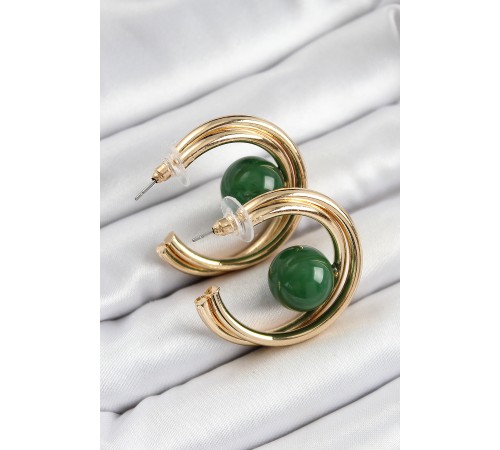 Pirinç Gold Renk Halka Model Yeşil Boncuk Detay Kadın Küpe