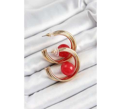 Pirinç Gold Renk Halka Model Kırmızı Boncuk Detay Kadın Küpe