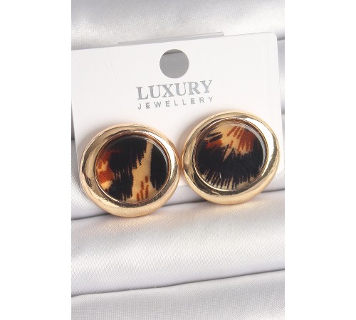 Pirinç Gold Renk Leopar Desen Daire Model Kadın Küpe