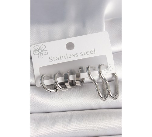 316L Çelik Gümüş Renk Kalp Halka Model Kadın Küpe Seti