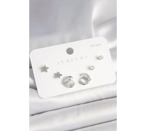 925 Ayar Gümüş Çivi Zirkon Taşlı Hilal Yıldız Model Kadın Küpe Seti