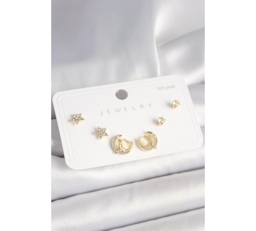 925 Ayar Gümüş Çivi Zirkon Taşlı Hilal Yıldız Model Kadın Küpe Seti