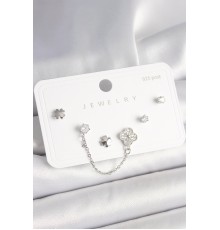 925 Ayar Gümüş Çivi Pirinç Gümüş Renk Zirkon Taşlı Yonca Model Sallantı Zincir Detay Kadın Küpe Seti