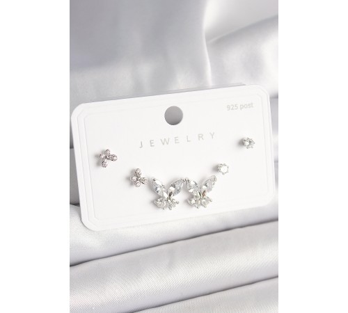 925 Ayar Gümüş Çivi Pirinç Zirkon Taşlı Kelebek Model Kadın Küpe Seti