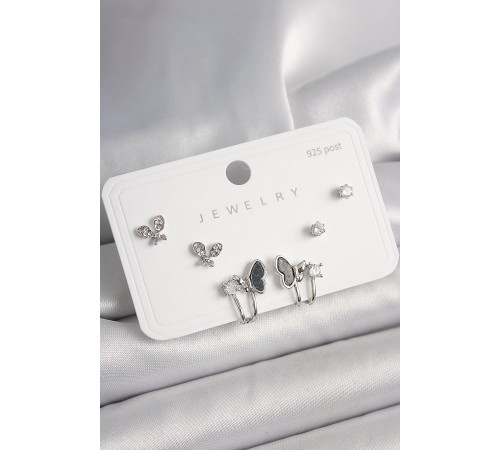 925 Ayar Gümüş Çivi Pirinç Gümüş Renk Zirkon Taşlı Kelebek Model Kadın Küpe Seti