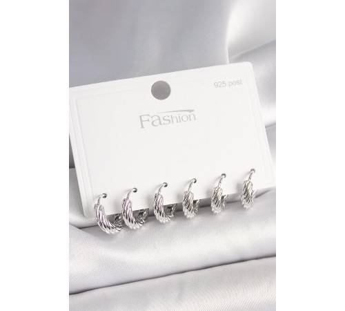 925 Ayar Gümüş Çivi Pirinç Gümüş Renk İşlemeli Halka Model Kadın Küpe Seti