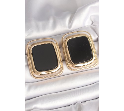 Pirinç Gold Renk Siyah Mineli Kare Model Kadın Küpe
