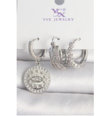 Pirinç Gümüş Renk Zirkon Taşlı Göz İşlemeli Halka Model 3'Lü Kadın Kombin Küpe