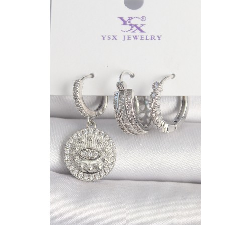 Pirinç Gümüş Renk Zirkon Taşlı Göz İşlemeli Halka Model 3'Lü Kadın Kombin Küpe