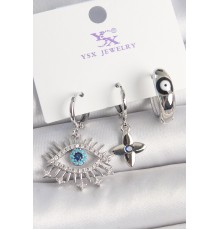 Pirinç Gümüş Renk Zirkon Taşlı Göz Model Nazar Boncuk Detay 3'Lü Kadın Kombin Küpe