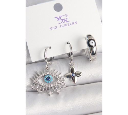 Pirinç Gümüş Renk Zirkon Taşlı Göz Model Nazar Boncuk Detay 3'Lü Kadın Kombin Küpe