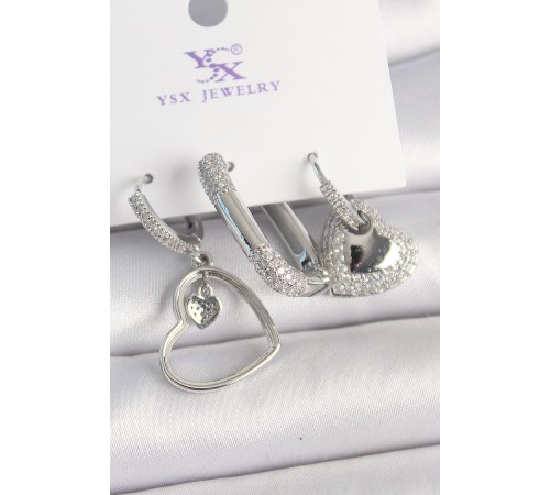 Pirinç Gümüş Renk Sallantı Zirkon Taşlı Kalp Model 3'Lü Kadın Kombin Küpe