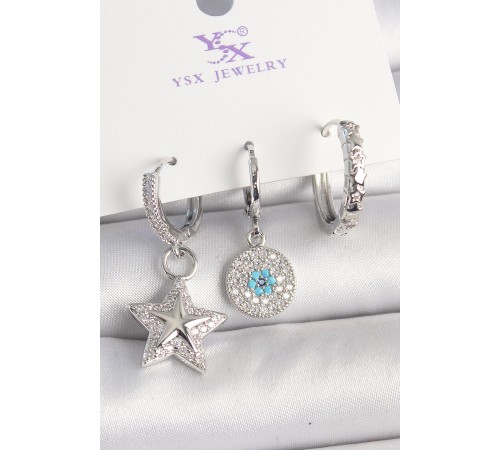 Pirinç Gold Renk Zirkon Taşlı Yıldız Model Nazar Boncuk Detay 3'Lü Kadın Kombin Küpe