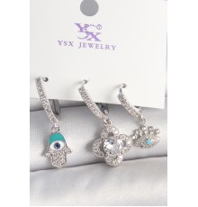 Pirinç Gümüş Renk Zirkon Taşlı Fatma Ana Yonca Figür Göz Detay 3'Lü Kadın Kombin Küpe