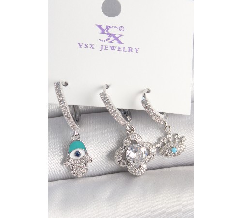 Pirinç Gümüş Renk Zirkon Taşlı Fatma Ana Yonca Figür Göz Detay 3'Lü Kadın Kombin Küpe