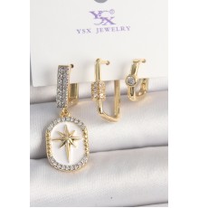 Pirinç Gold Renk Sallantı Zirkon Taş İşlmeli Yıldız Portre Model 3'Lü Kadın Kombin Küpe