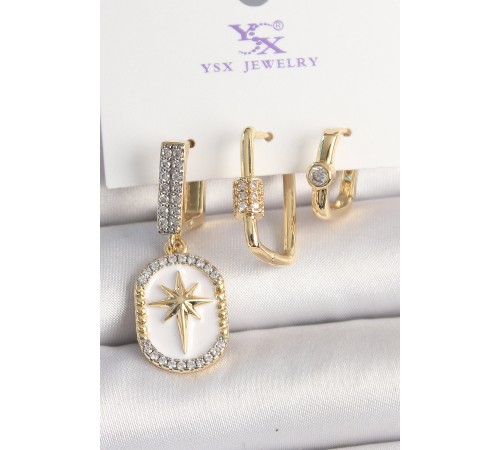 Pirinç Gold Renk Sallantı Zirkon Taş İşlmeli Yıldız Portre Model 3'Lü Kadın Kombin Küpe