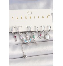 Pirinç Gümüş Renk Zirkon Taşlı Kuş Figür Çiçek Detay 6'Lı Kadın Kombin Küpe