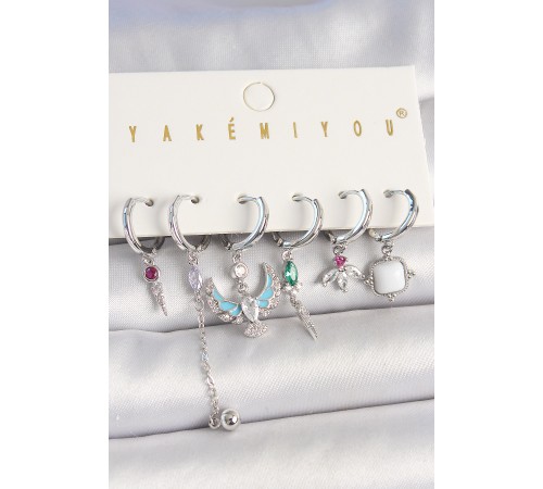 Pirinç Gümüş Renk Zirkon Taşlı Kuş Figür Çiçek Detay 6'Lı Kadın Kombin Küpe