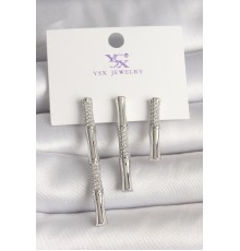 Pirinç Gümüş Renk Zirkon Taşlı Bambu Model 3'Lü Kadın Kombin Küpe